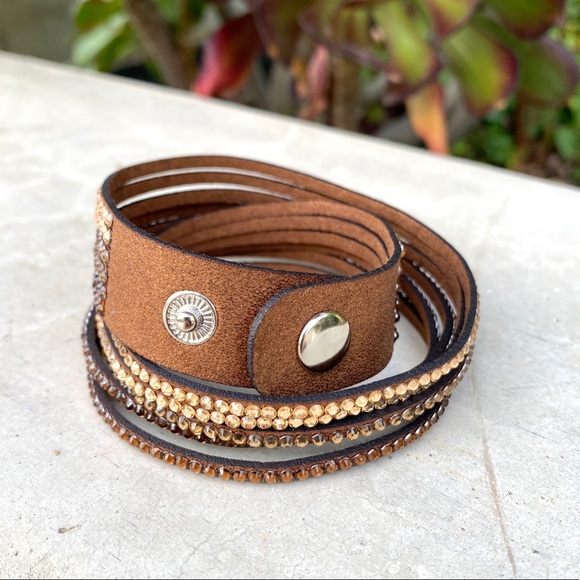 GUESS double wrap bracelet faux leather rhinestone ombré copper cuff metallic - Picture 3 of 8